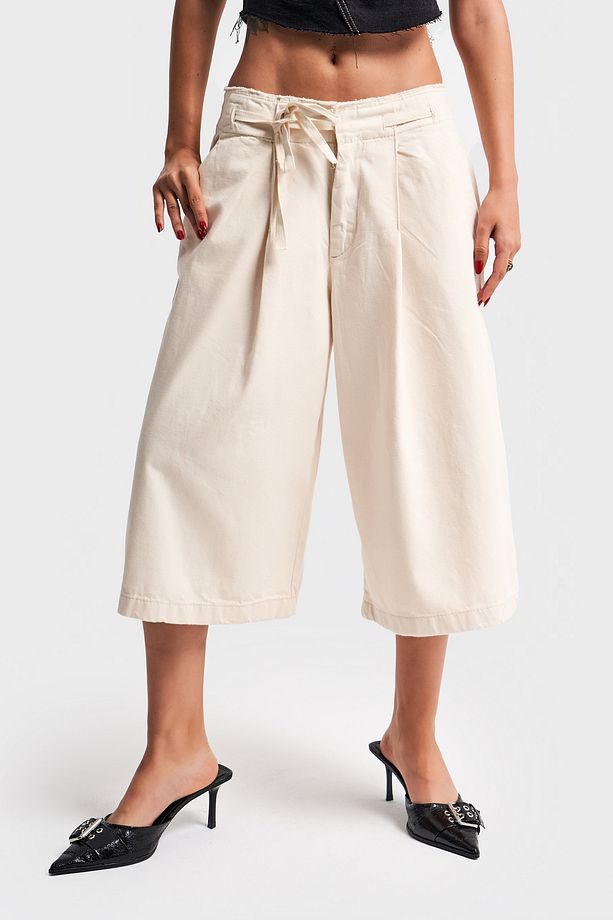 Kadın Raw Renk Bağcıklı Bol Kesim Maxi Boy Bermuda Denim Şort - 1