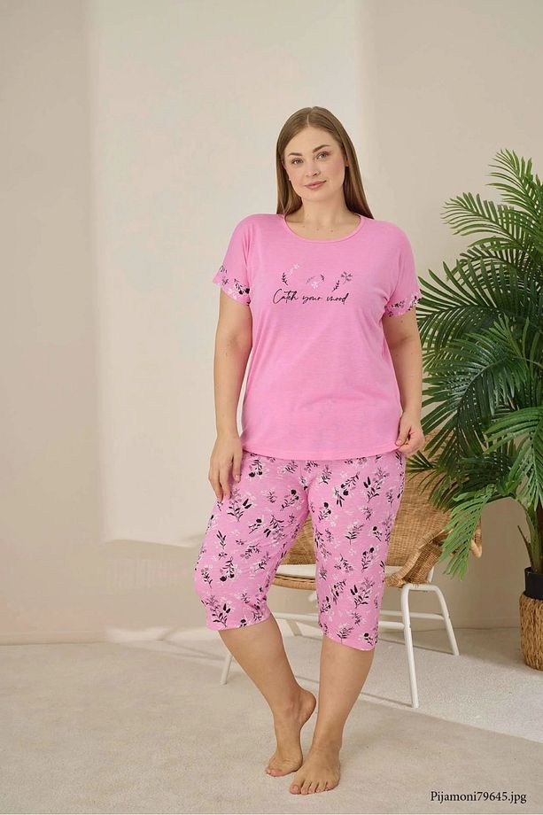 Polyviskon Kumaş Büyük Beden Pembe Pijama Takımı - 7345 - 1