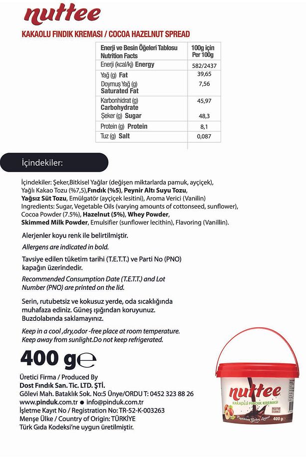 Glutensiz! Palm Yağı Yok! Nuttee Kakaolu Fındık Kreması 400gr - 6