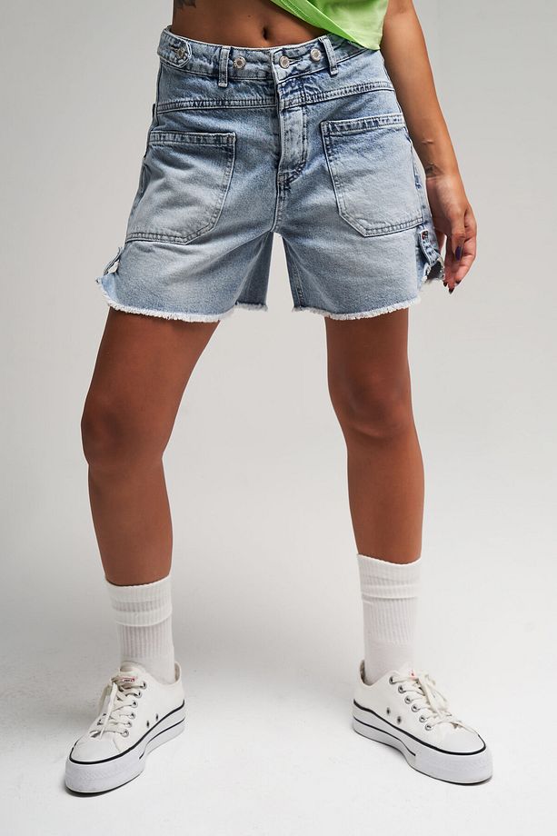 Kadın Snow Kot Rengi Önden Cepli Midi Boy Denim Şort - 1