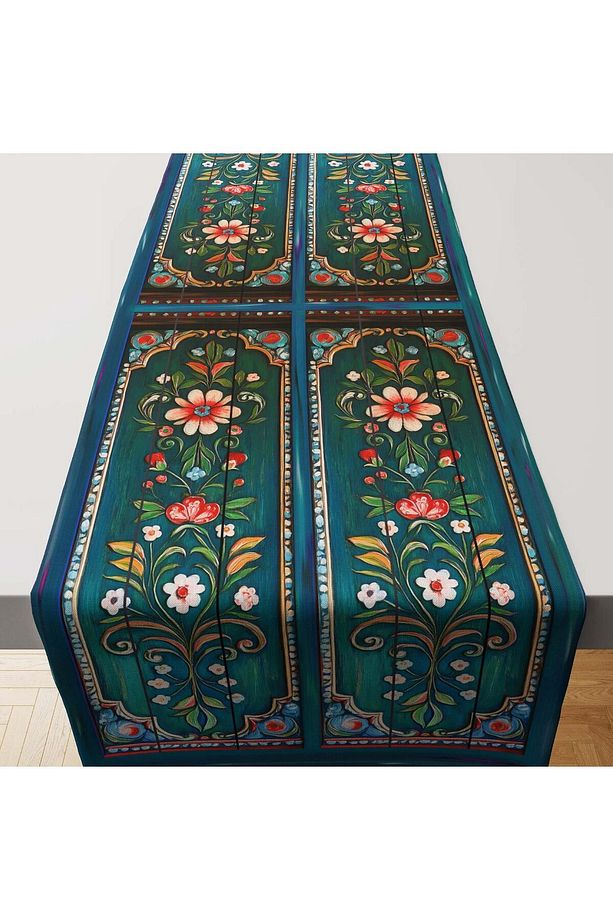 Otantik Yağlı Boya Çiçek Baskı Desenli Runner Masa Örtüsü Ranır 140 X 50 -la Floretta Lavinia Zümrüt - 1