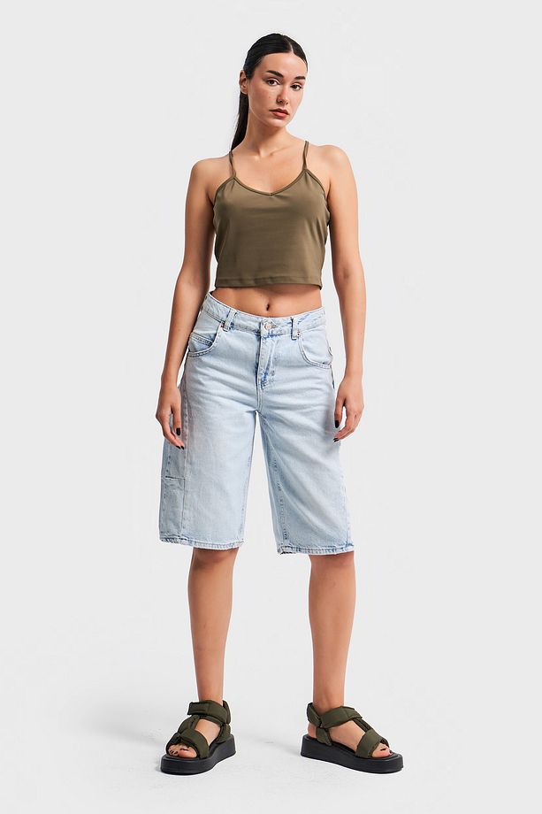 Kadın Snow Kot Rengi Midi Boy Barrel Fit Denim Şort - 6