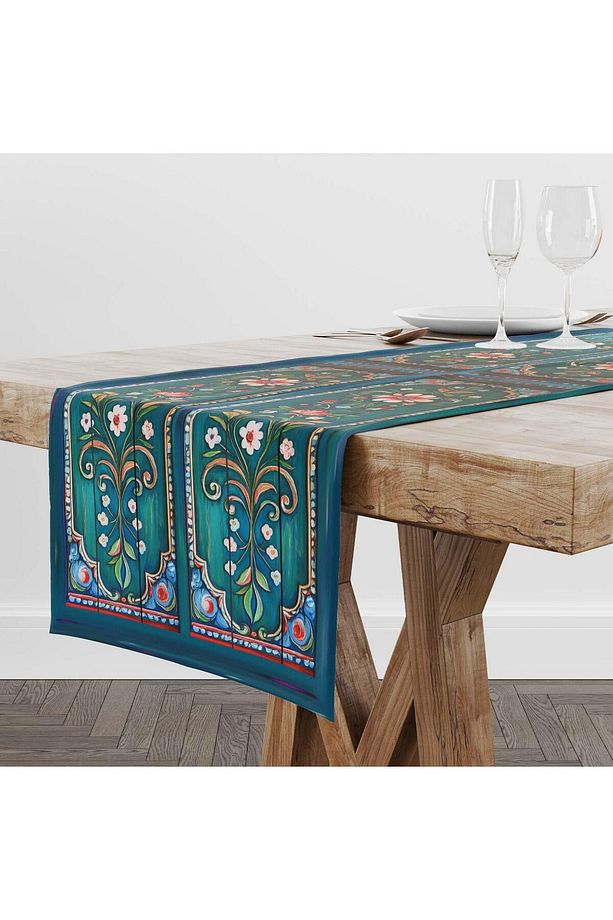 Otantik Yağlı Boya Çiçek Baskı Desenli Runner Masa Örtüsü Ranır 140 X 50 -la Floretta Lavinia Zümrüt - 2