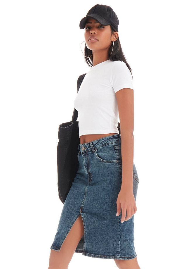Kadın Tint Kot Rengi Erica Midi Boy Yüksek Bel Yırtmaçlı Jean Etek - 1
