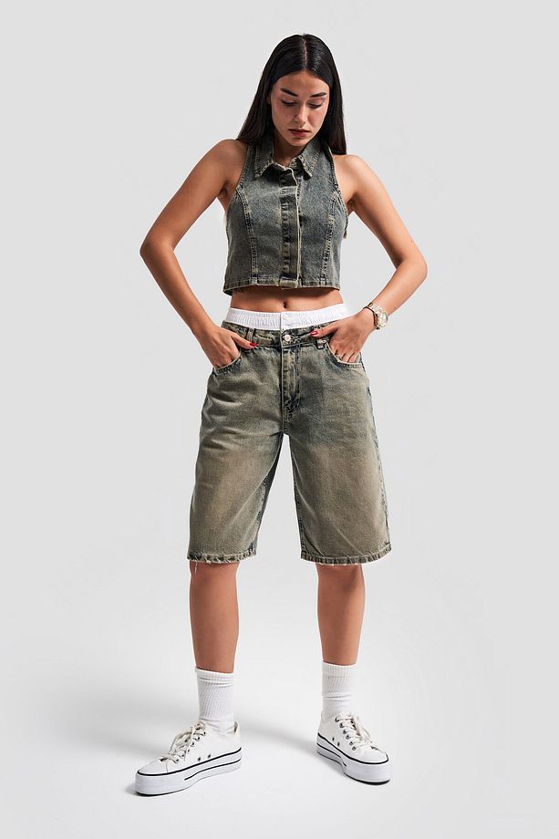 Kadın S Tint Kot Rengi Boxer Detaylı 60cm Palazzo Denim Şort - 6