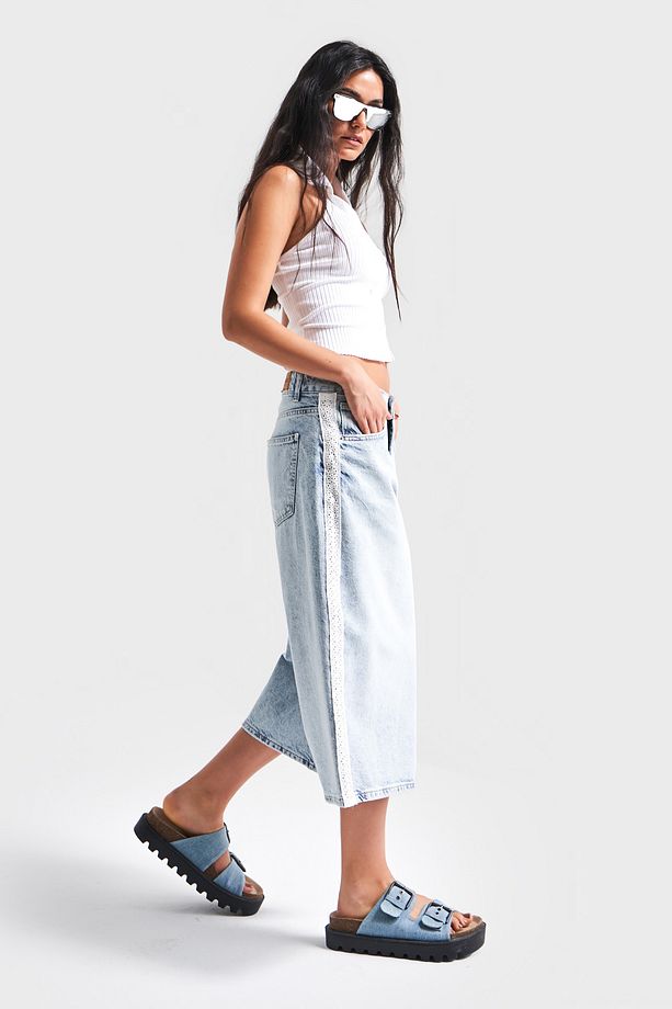 Kadın Ice Kot Rengi D-4S5-3 Süper Baggy Fit Dantel Şeritli Maxi Boy Denim Şort - 4