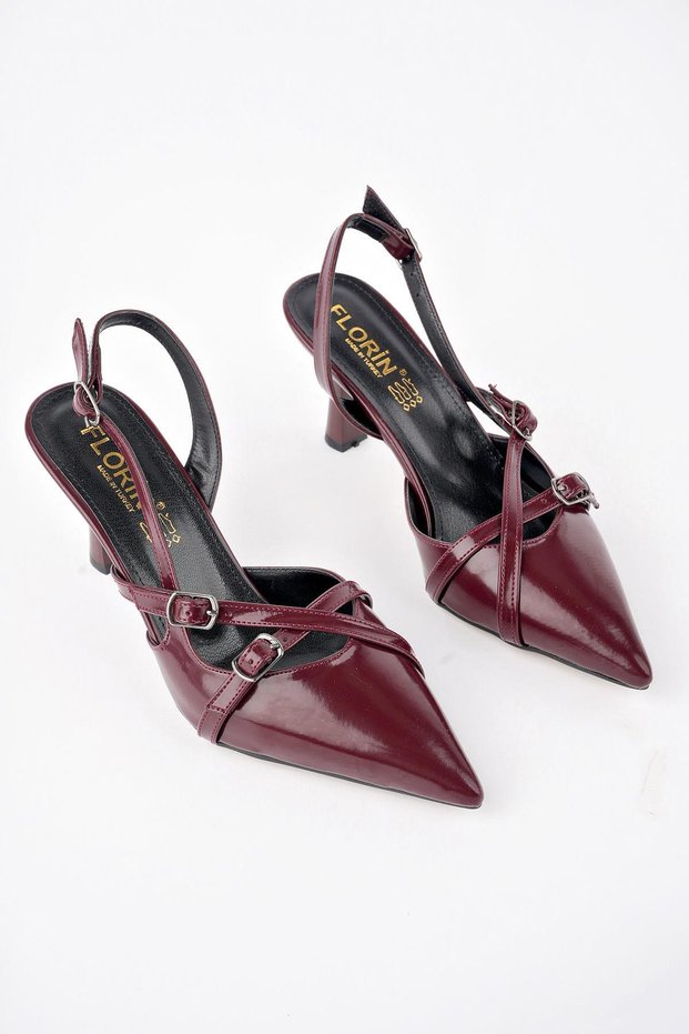 Michelle Guaranteed Open Back Belt Detailed Two-Strapped Patent Leather Women's Heeled Shoes