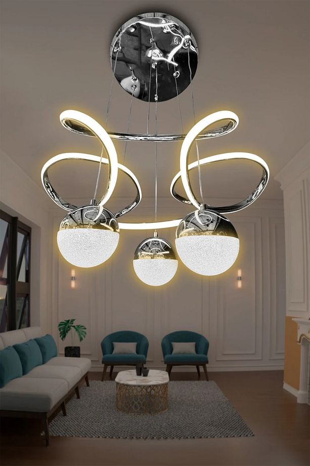 Dron 3 Top Modern Sarkıt Led Avize - 3 Renk Kumandasız Krom - 3