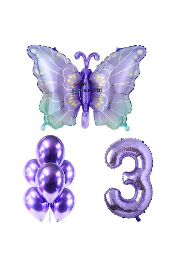 Purple Butterfly 3 Years Old Foil Balloon Set