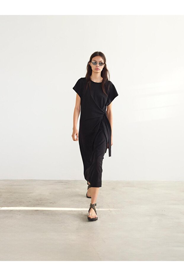 Fiyonklu Drapeli Elbise - 8