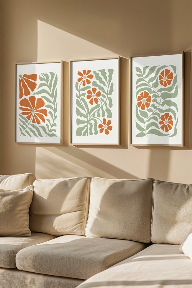 3 Piece Real Wood Colored Framed Painting Set - Model 9