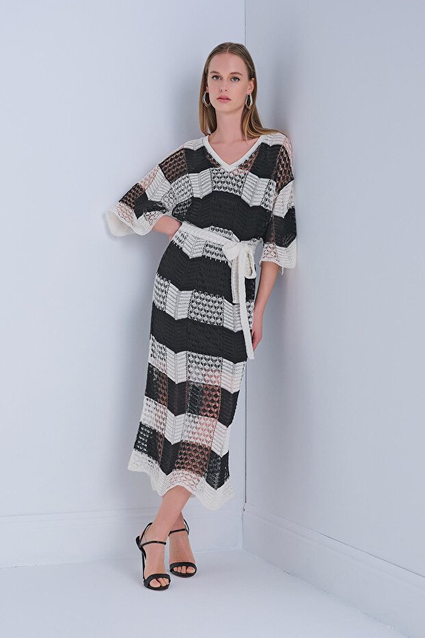 V Yaka Astarlı Kuşaklı Multi Elbise - 3