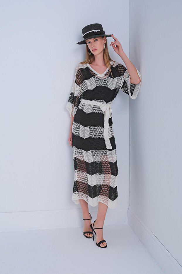 V Yaka Astarlı Kuşaklı Multi Elbise - 1