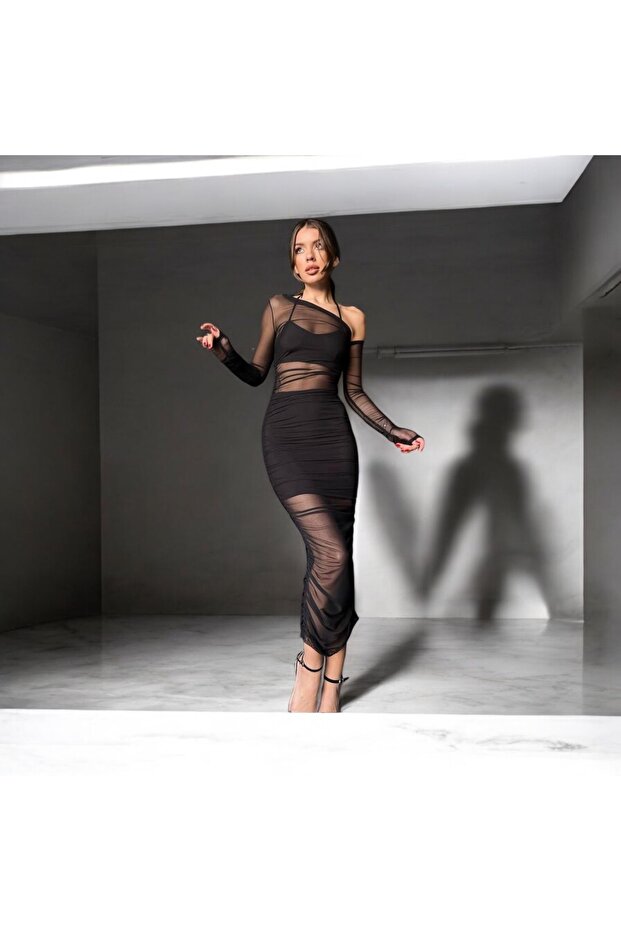 siyah tül elbise, 3 parça elbise, davet, koktely, düğün elbisesi, transparan elbise - 1