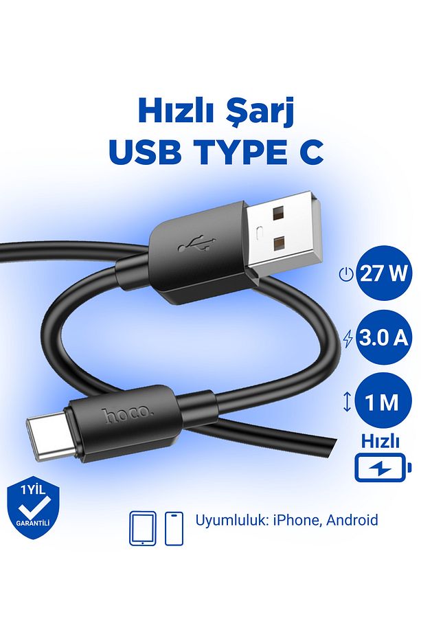 X96 Hyper 27w 3a Type-c To Usb Iphone Android Uyumlu Hızlı Şarj Veri Kablosu Siyah 1 Metre - 1
