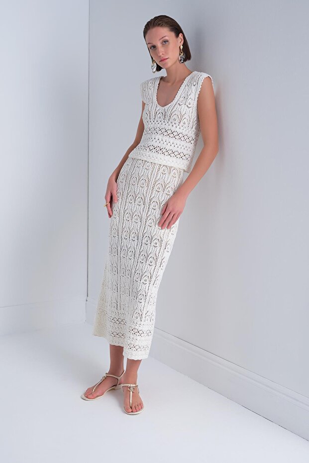 Ajurlu Ekru Maxi Etek - 4