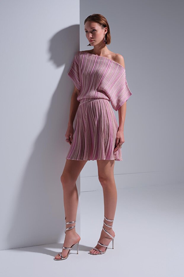 Sim Detaylı Piliseli Pembe Mini Etek - 1