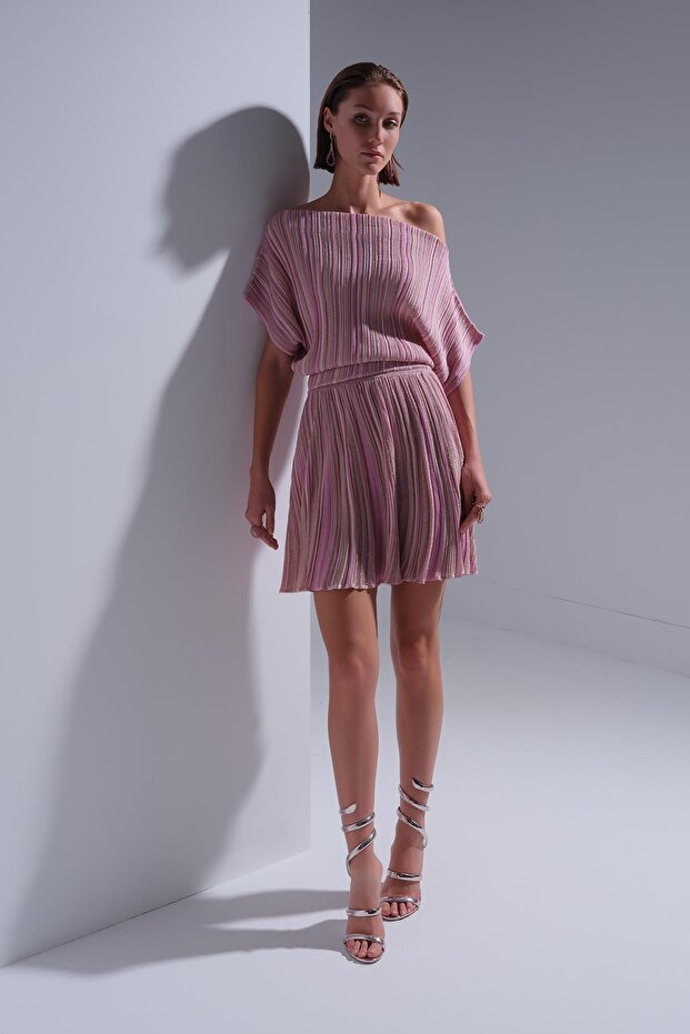 Sim Detaylı Piliseli Pembe Mini Etek - 4