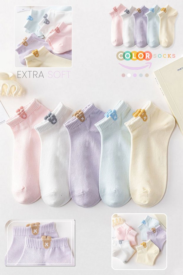 5 Pack Japanese Korean Style Women's Short Booties Summer Socks