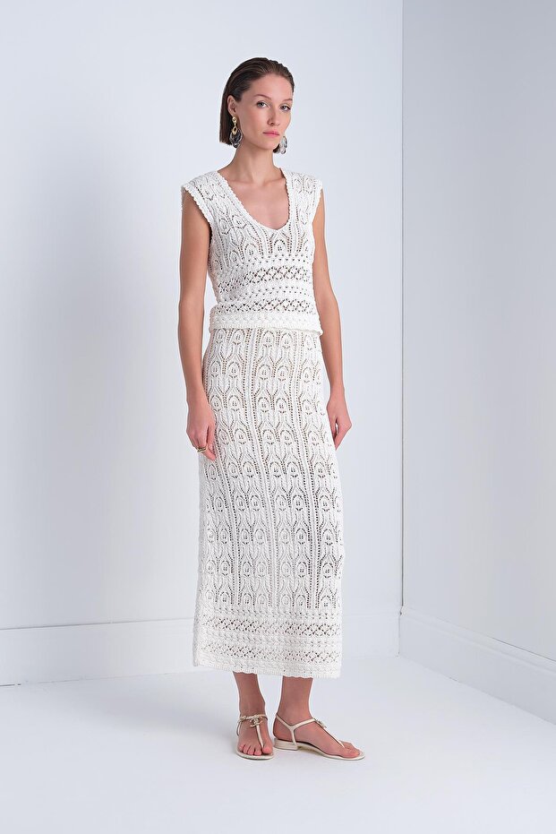 Ajurlu Ekru Maxi Etek - 5