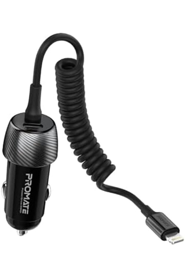 Car Charger with Built-In Lightning Charging Coiled Cord