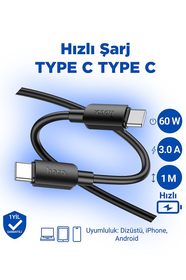 X96 Hyper 60w 3a Type-c To Type-c Iphone Android Uyumlu Hızlı Şarj Veri Kablosu Siyah 1 Metre - 1