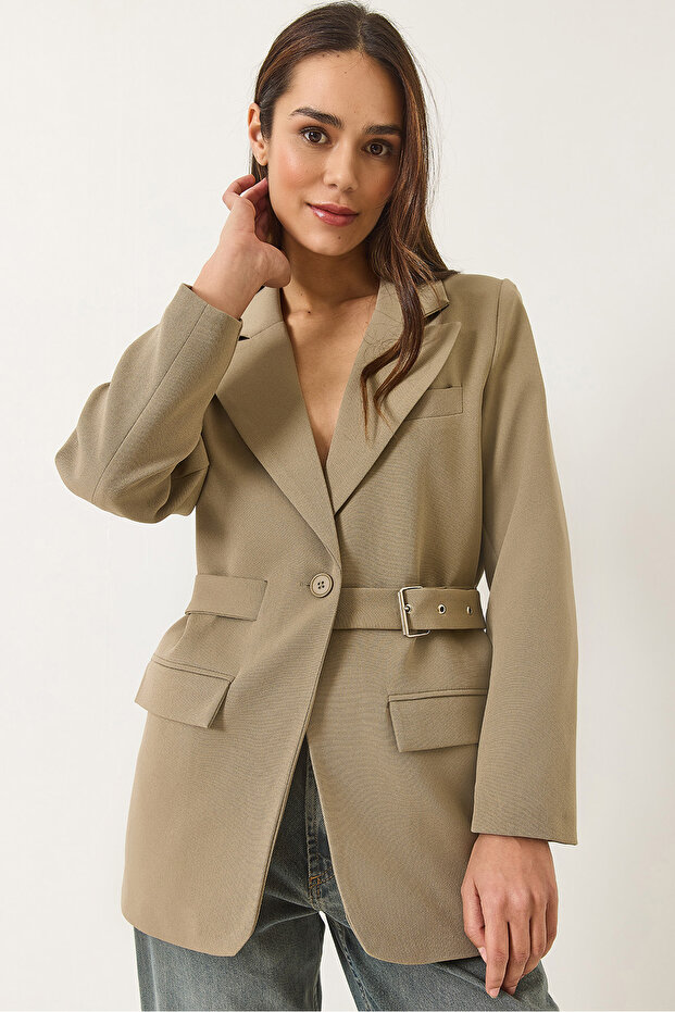Women's Mink Belt Detailed Lined Blazer Jacket 8132 60283134