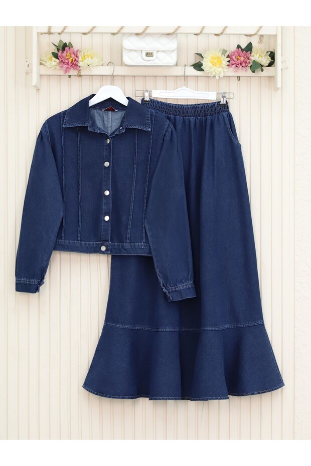 Flounce Hem Buttoned Jacket Denim Suit -K.Laci
