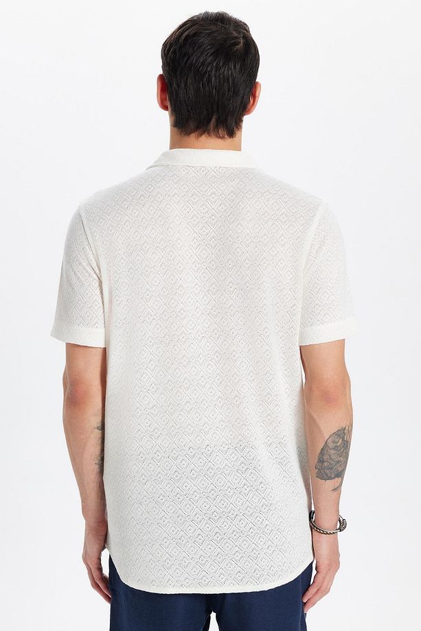 Erkek Slim Fit Dar Kesim Kısa Kollu Örme Doku Apaş Yaka Ekru Gömlek - 5