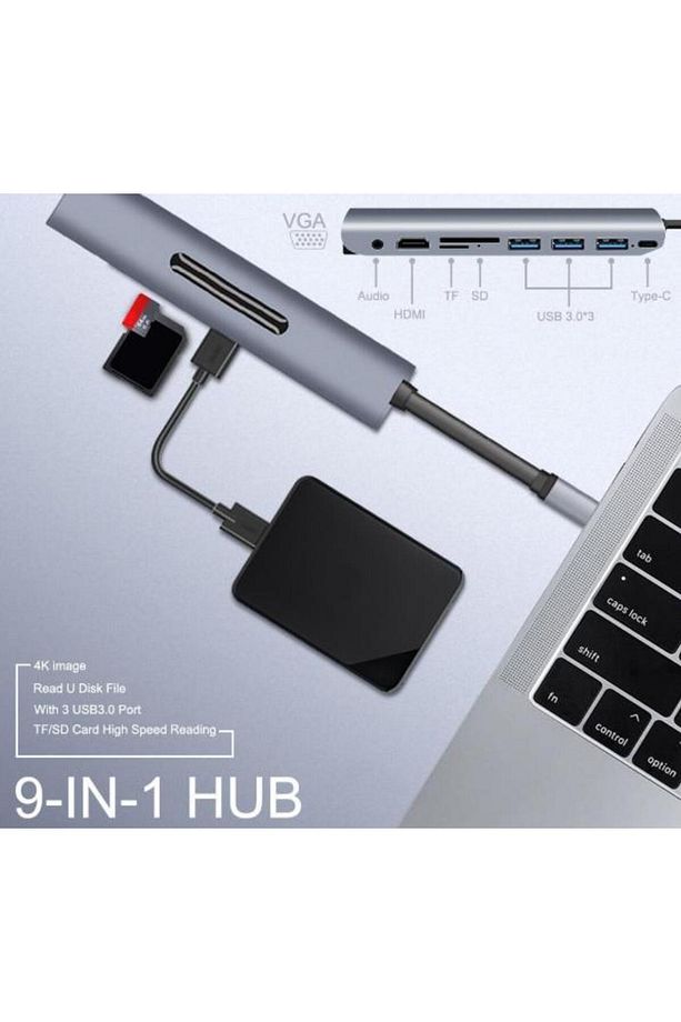 Type-c 9in1 4k Hdmi Vga Micro Sd Tf Kulaklık 3 Usb Şarj Girişli - 6