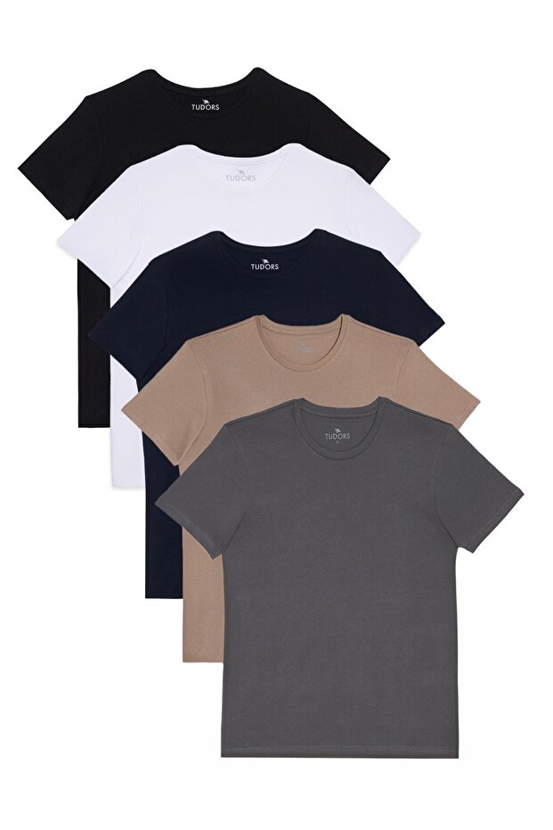 Unisex 5-pack black-white-navy-beige-grey slim fit crew neck t-shirt (100% cotton)