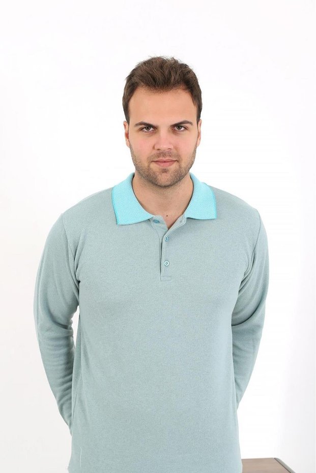 Fashion Stripe Men's Long Sleeve Combed Cotton Single Top Pajama T-Shirt 6871 Aquagreen