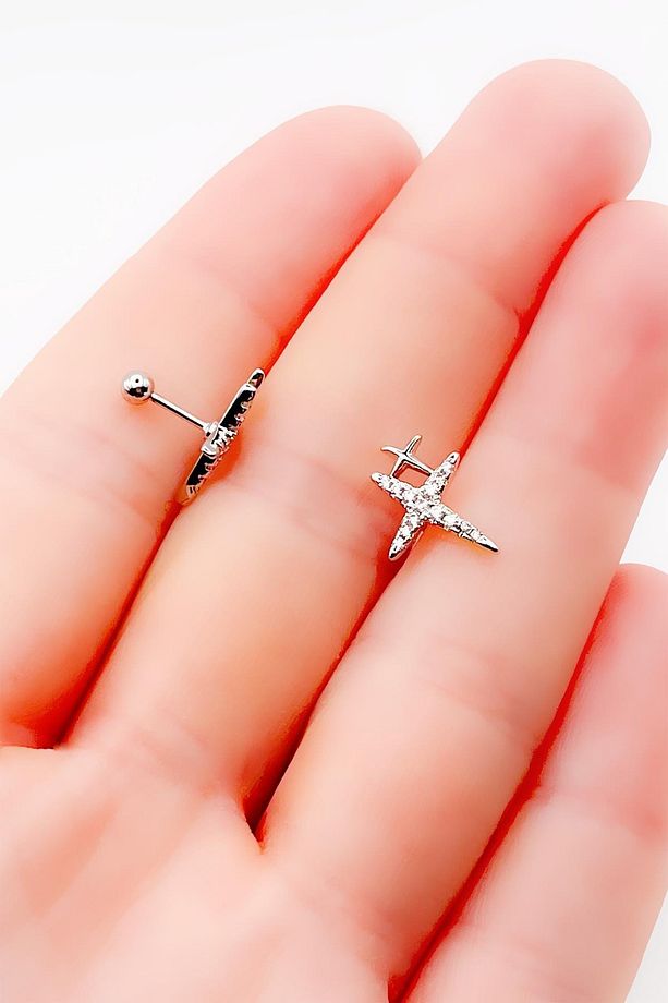 Cerrrahi Çelik Zirkon Taşlı Çift Haç Tragus Helix Piercing (1adet) - 3