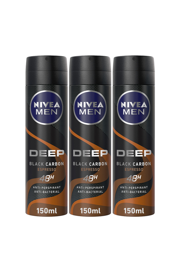 MEN DEEP Black Carbon Espresso, Antiperspirant for Men, Antibacterial, Spray 150ml, Pack of 3