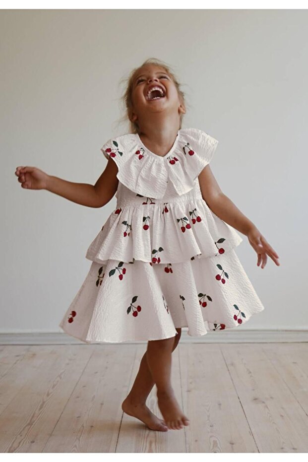Girl's Cotton Ecru Cherry Patterned Layered Dress - Ruffled Design