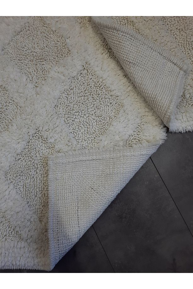 Karo Krem Tufting Pamuklu 2'li Banyo Paspası Seti Makinede Yıkanabilir Klozet Takımı - 2