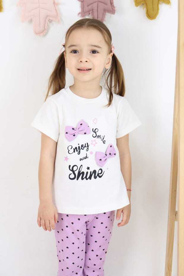 Girl's Heart Printed Tights Top with Printed Bow Detail Bottom Top Set