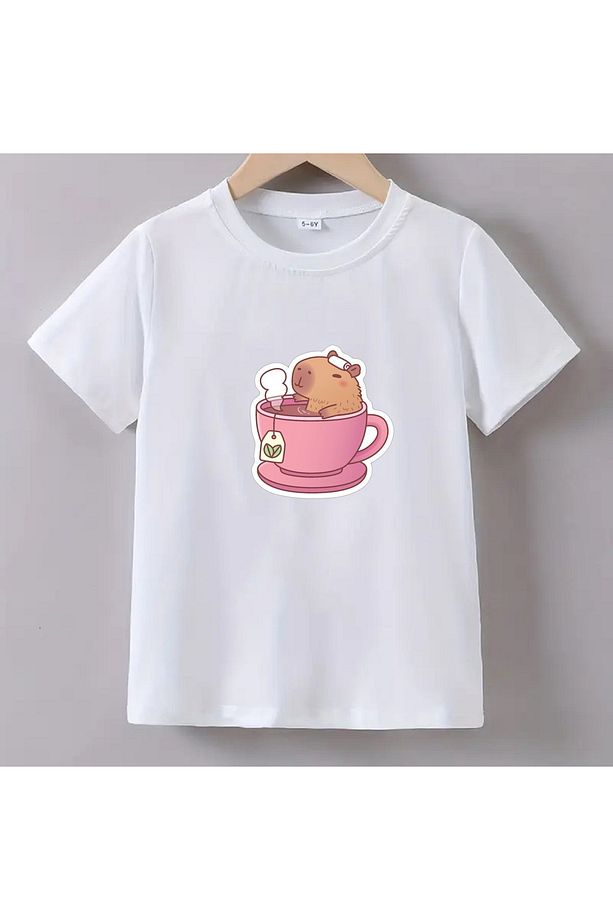 Kaliteli Pamuk Penye Erkek Kız  Çocuk Baskılı Tshirt 5 6 7 8 9 10 11 12 13 14 yaş Capybara Kapibara - 1