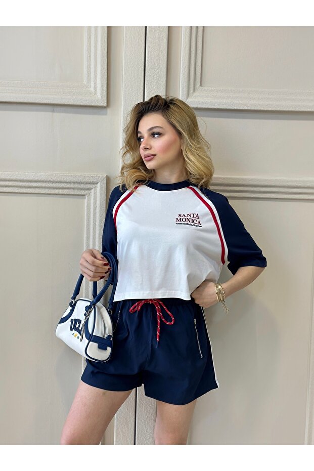 Beli Bağcıklı Lastikli Şort Crop Takım - 4