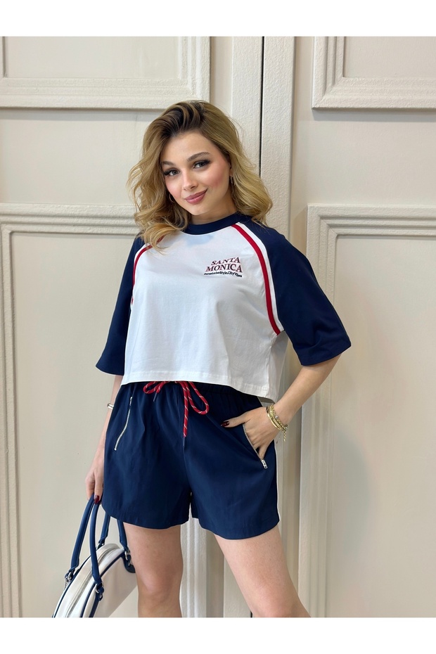 Beli Bağcıklı Lastikli Şort Crop Takım - 3