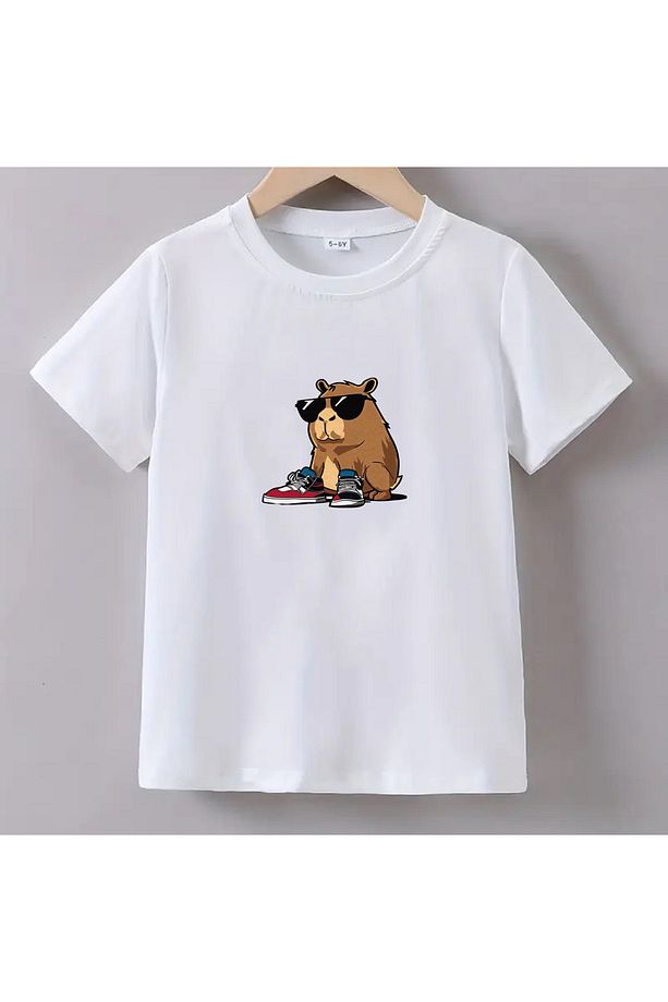 Kaliteli Pamuk Penye Erkek Kız  Çocuk Baskılı Tshirt 5 6 7 8 9 10 11 12 13 14 yaş Capybara Kapibara - 1
