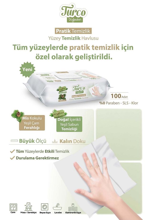 Turco Doğadan Pratik Yüzey Temizlik Havlusu 100 Yaprak Yeşil Sabun/Yeşil Çam (9 Lu Set) 900 Yaprak - 7