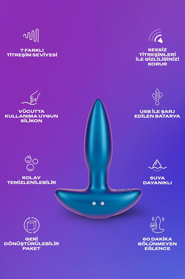 Titreşimli Anal Plug Tıkaç, Silikon, 7 Farklı Titreşim Mod, USB Şarj Edilebilir, Suya Dayanıklı, 8cm - 3