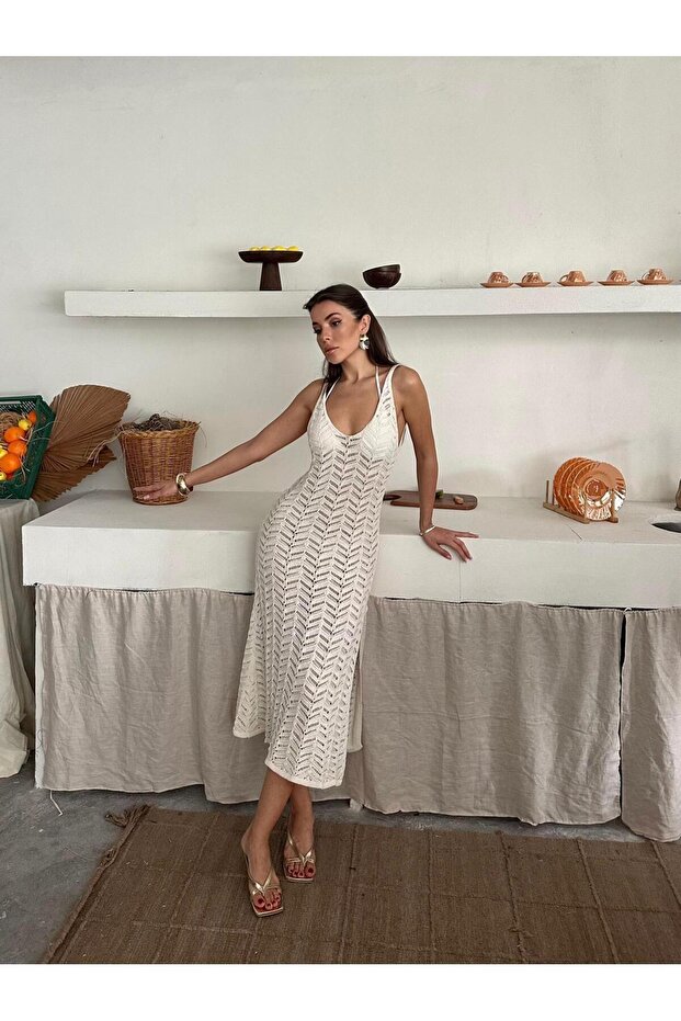 Openwork Slit Low-Cut Strap Long Women's Knitwear 100% Cotton Beach Dress