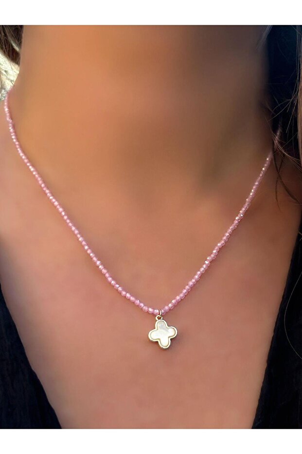 Crystal Bead Stone and Clover Steel Necklace