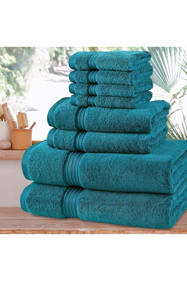 8 Piece 100% Combed Cotton 550 GSM Highly Absorbent Towel Set - Blue