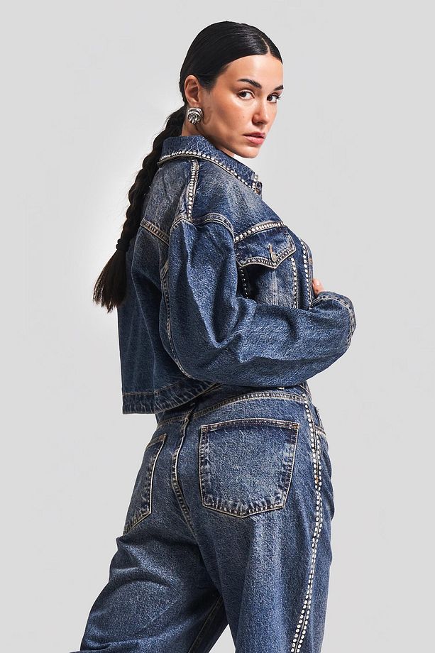 Kadın T.Kot Rengi 2W4-8 Zımba Parlak Taşlı Tasarım Denim Ceket - 3