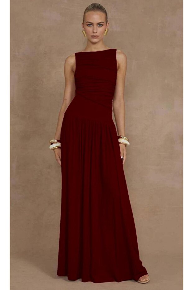 Burgundy Front Flowy Long Length Women's Dress Mg2364