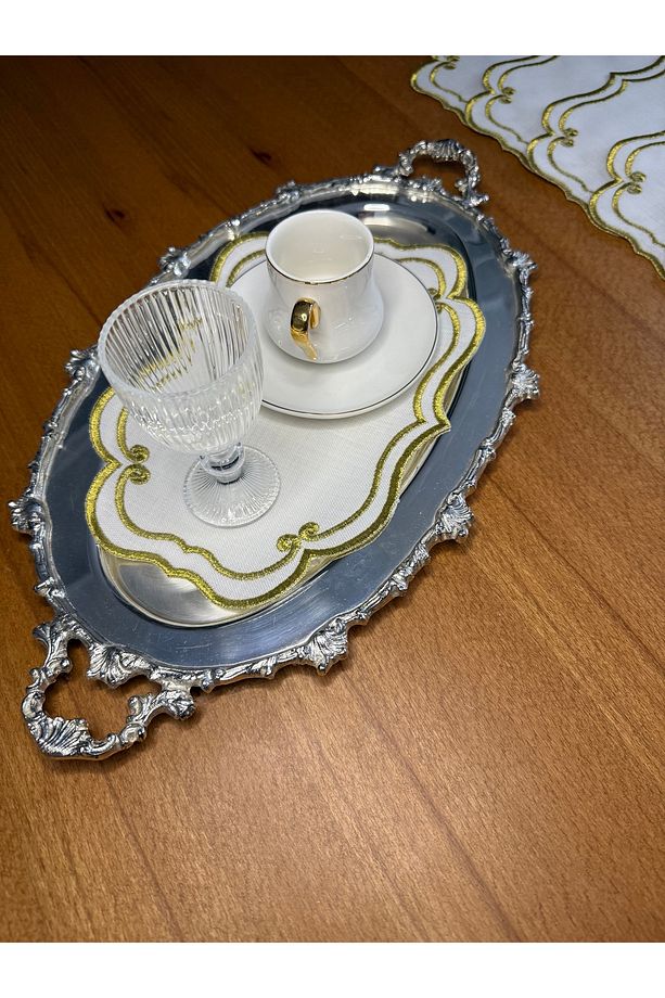 6 Adet Keten Gold Renk Sarmaşık Desenli Tepsi Örtüsü - 4