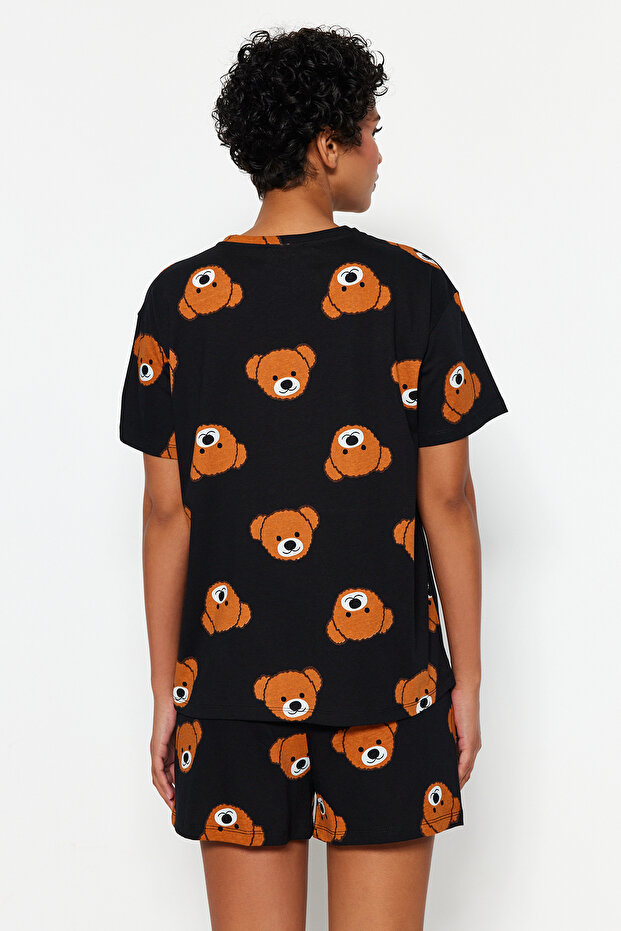 Kadın Family/Aile Siyah %100 Pamuklu Ayıcıklı Şortlu Örme Pijama Takımı THMSS23PT00005 - 8